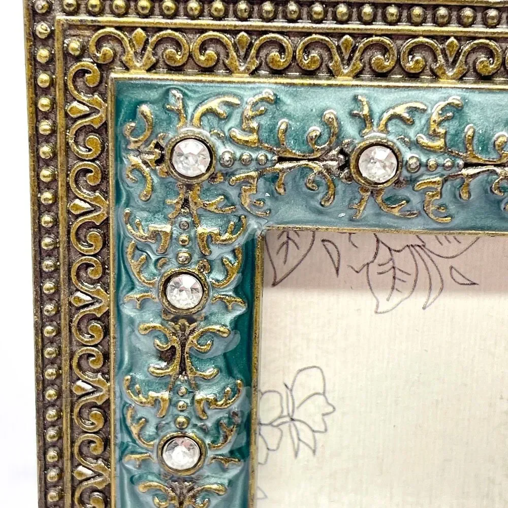 Sheffield Home set of (2) 4x6 Pewter Picture Frames-Ornate/Jeweled-Green & Gold